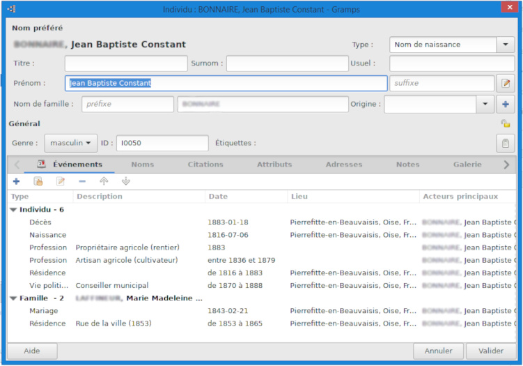 Exemple de fiche individuelle sur Gramps